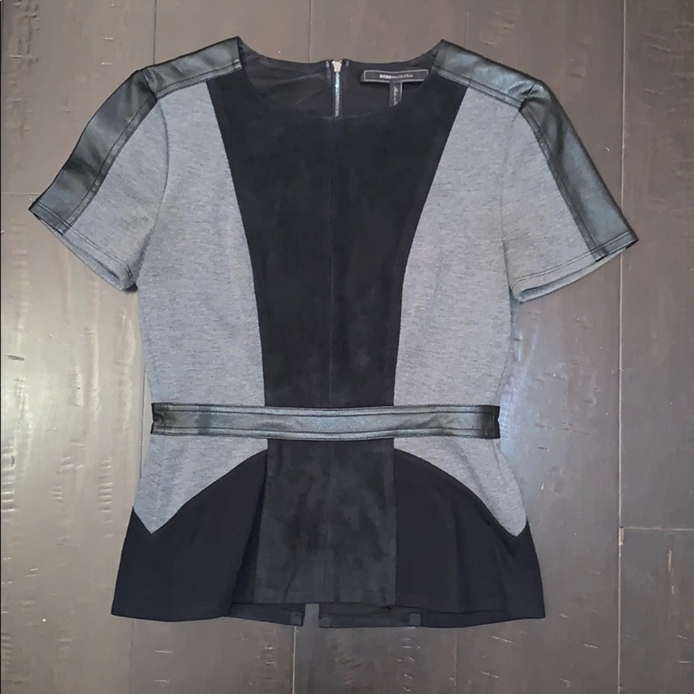 BCBGMaxazria Black Leather & Suede Zip Top